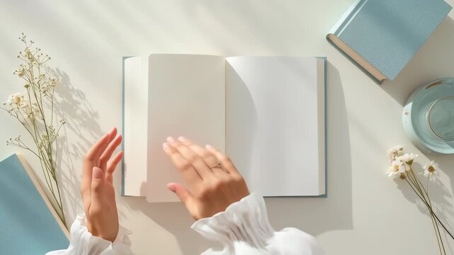Open book with human hand, white page, blue notebook, dried flower, ceramic cup, reading, writing, study, education, calm sunlit workspace for planning, creativity, reflection, and daily organization