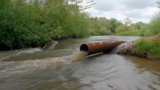 Rust-colored pipe discharges polluted water into a vegetated stream. Environmental documentaries, water quality education, and wastewater management communication.