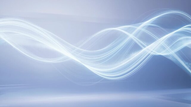 Abstract light waves flow across a soft blue atmospheric field. Technology presentations, digital media backdrops, and website hero sections.