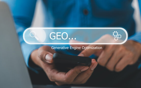 GEO Generative Engine Optimization, Close-up of businessman hand typing on laptop keyboard with search bar, Concept of AI SEO, digital marketing strategy and modern online search technology network