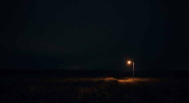 A lone street lamp illuminates a desolate landscape at night. The dark sky is vast and empty, with only the faint glow of the lamp breaking the darkness