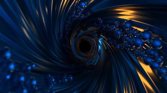 Abstract blue and gold forms swirl through a reflective digital vortex tunnel. Technology presentations, science media, and luxury branding.