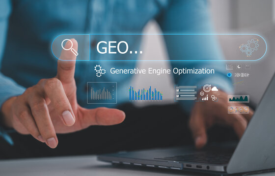 GEO Generative Engine Optimization, Close-up of businessman hand typing on laptop keyboard with search bar, Concept of AI SEO, digital marketing strategy and modern online search technology network