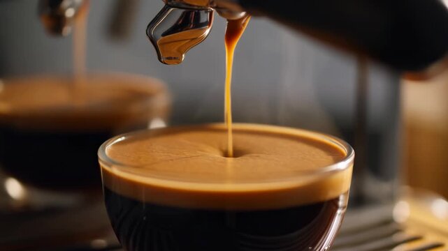 Espresso machine brewing fresh coffee into a cup in an indoor cafe setting. Coffee shop promotion, beverage advertising, and cafe menu content.