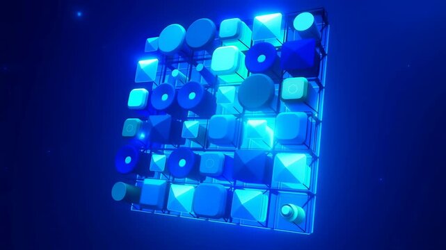 Glowing geometric grid of 3D shapes shifts in abstract digital space during a slow camera approach. Technology presentations, software promotion, and data communication.