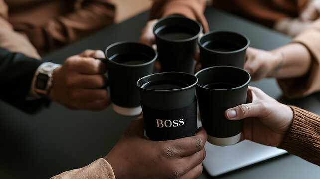 Celebrating National Boss Day with coffee cheers among team members at the workplace