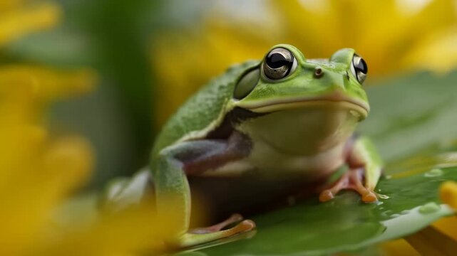 Green frog resting on a leaf among blurred yellow flowers and lush garden foliage. Wildlife documentaries, nature education, and amphibian conservation campaigns.