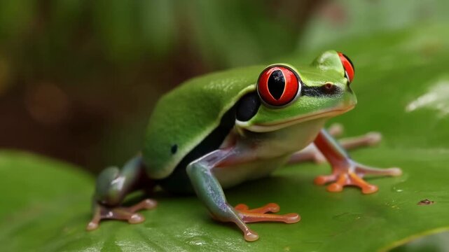Red eyed tree frog resting on a broad leaf in tropical rainforest foliage. Wildlife documentaries, rainforest education, and amphibian research communication.