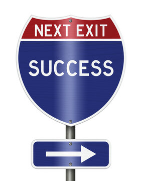 Success Next Exit text on an American interstate road sign isolated on white