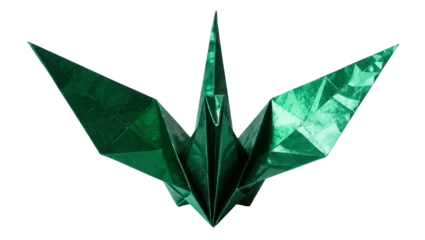 Fotobehang Kraanvogels Green metallic origami crane bird, isolated on transparent background  © Ozols