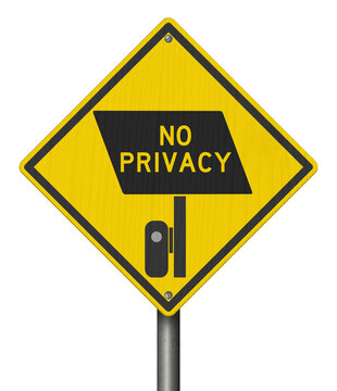 Surveillance camera icon with No Privacy text yellow warning sign isolated on white for license plate reader LPR