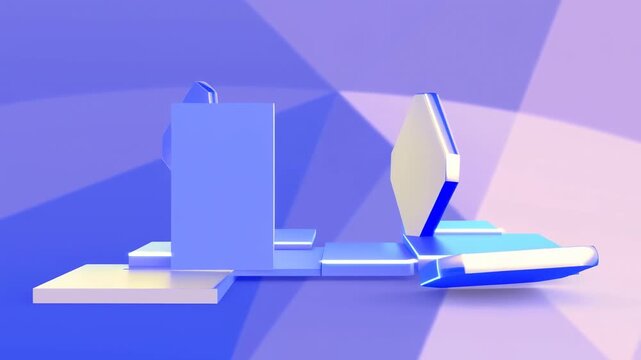 Abstract geometric blocks slide and reconfigure in a minimal 3D studio space. Technology presentation opener, innovation branding, and design agency promotion.
