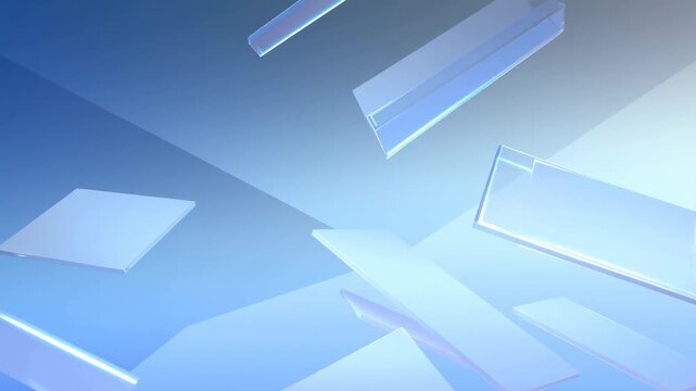 Floating geometric panels drift through a glowing blue abstract digital space. Technology presentations, corporate media, and website headers.