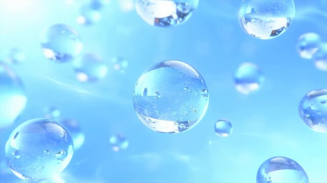 Floating water bubbles drift through a softly illuminated blue aquatic atmosphere. Healthcare presentation, water purification advertising, and hydration campaign.