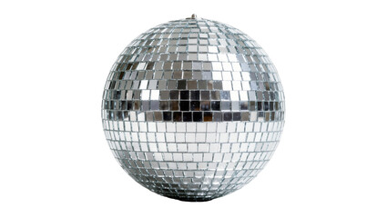 Fototapeta premium Shiny silver disco ball covered in mirrored squares, isolated on transparent background