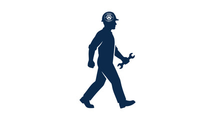 Fototapeta premium Silhouette of a construction worker in hard hat carrying a wrench walking