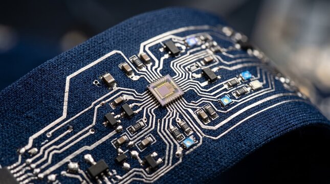 Microchip integrated into flexible blue fabric showing intricate silver circuitry paths and small electronic components in a close-up macro shot