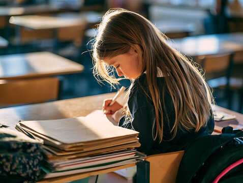 Student works on homework in a classroom while feeling academic pressure and stress in the afternoon light
