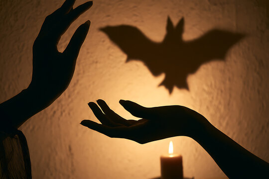 Halloween shadow with hands and a bat at a cozy home setting