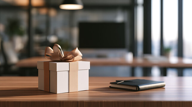 National Boss Day celebration with a gift on a desk in an office setting