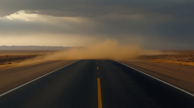 Desert Road Dust Storm: An empty asphalt road stretches through a barren desert landscape under a stormy sky, with a thick dust cloud billowing across the pavement, obscuring the horizon.