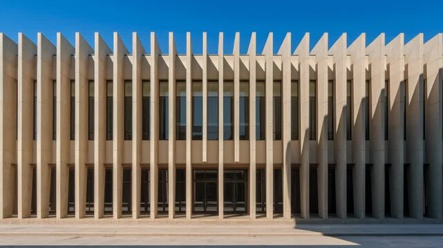 Modern concrete building facade with vertical fins, glass entrance, geometric architecture, and clear blue sky creating clean formal urban exterior composition for contemporary architectural design