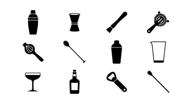 Barware Icons Set, Cocktail Tools Collection, Mixology Equipment Vector Graphics