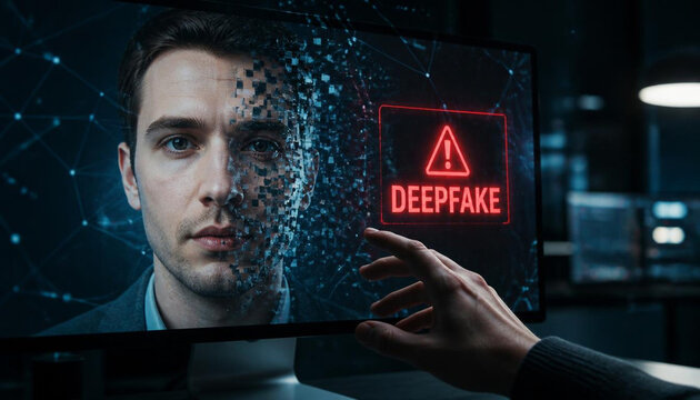 Person touching a computer screen displaying a digital face with a deepfake warning notification.