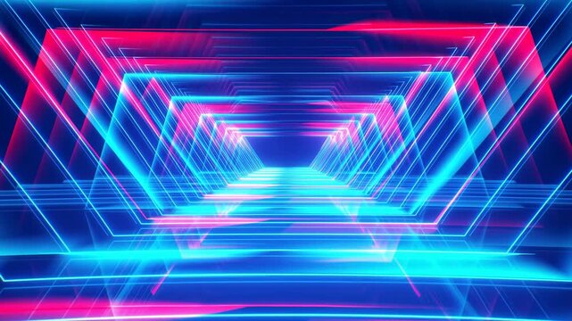 Neon geometric tunnel with receding glowing frames in a futuristic digital space. Technology presentations, digital event backdrops, and science fiction titles.