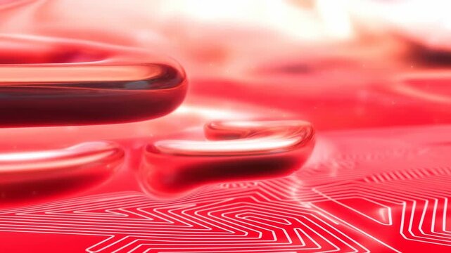 Red metallic forms glide across a glowing digital circuit board in an abstract technology environment. Technology presentations, electronics advertising, and software marketing.