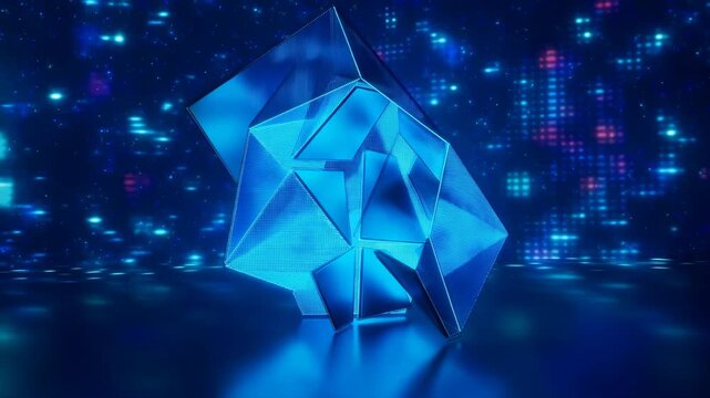 Rotating blue geometric crystal floating in a luminous digital grid. Technology presentations, digital innovation campaigns, and data science education.