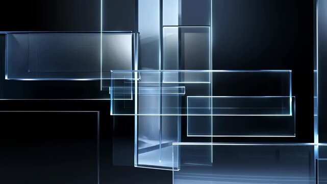 Glowing geometric panels shift through a dark abstract digital space. Technology presentation, website hero section, and digital product promotion.