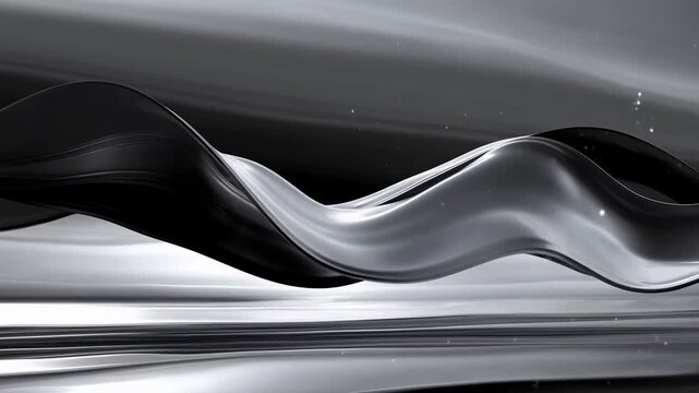 Abstract black and silver waves undulate across reflective surfaces in a dark digital space. Technology presentation, luxury branding, and motion graphics.