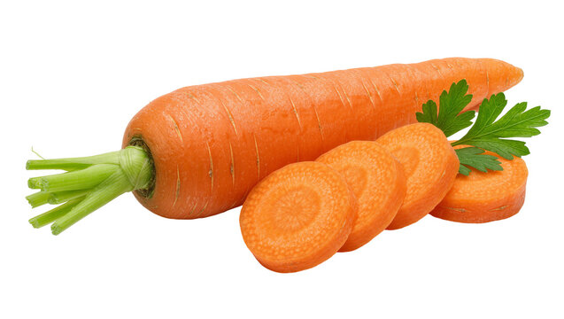 Whole orange carrot with green leafy top and sliced pieces, isolated on transparent background