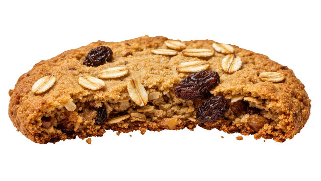 Bitten oatmeal raisin cookie with visible oats and raisins, isolated on transparent background