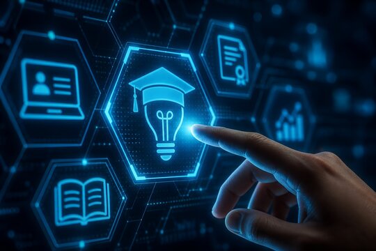 Hand Touching Digital Hexagon Screen Selecting Graduation Cap Light Bulb Icon