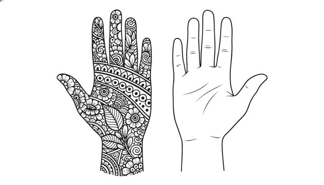 Intricate mehndi henna design on a hand next to a simple outline hand drawing on a white background.
