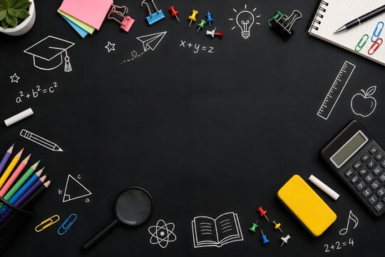 School Supplies Frame with Chalkboard Drawing Icons and Copy Space