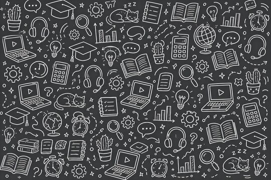 Blackboard Seamless Chalkboard Doodle Pattern with School and E-Learning Icons