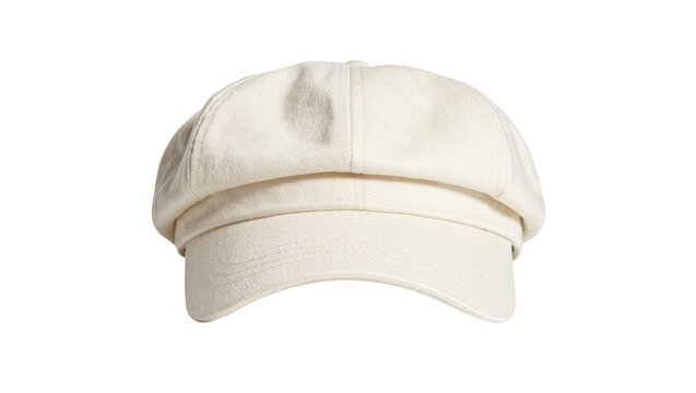 Cream colored newsboy cap with textured fabric, isolated on transparent background