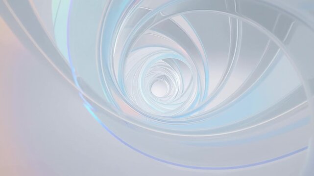 Translucent spiral forms rotate around a bright vortex in an abstract digital space. Technology intros, science media, and wellness content.