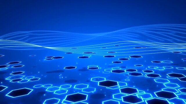 Glowing hexagonal outlines and flowing particles form a blue digital technology field. Technology presentations, software promotional, and science and engineering explainers.