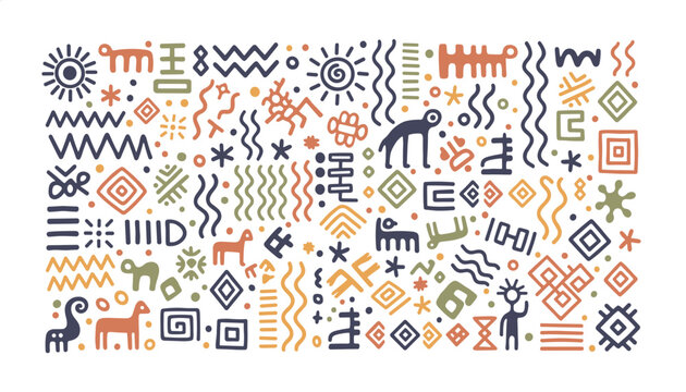 Diverse collection of colorful hand-drawn primitive tribal symbols, ancient petroglyphs, and abstract ethnic signs.