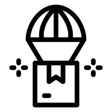 Line icon of a hot air balloon carrying a cargo box, ideal for delivery, shipping, and logistics design projects