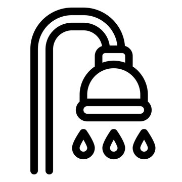 Line icon of a shower head with falling water drops, ideal for bathroom, spa, and hotel amenity design projects