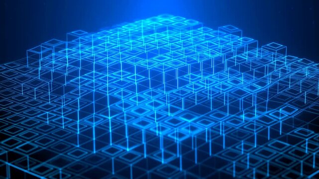 Glowing wireframe grid rises into a three-dimensional digital network in an abstract technology space. Technology presentations, data infrastructure explainers, and software marketing.