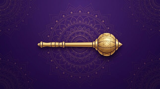 Golden gada mace weapon of lord Hanuman on a purple mandala background for Dussehra and Vijayadashami festival celebration concept