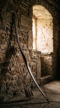 Traditional wooden bow and arrows leaning against an ancient stone wall inside a castle for Dussehra and Vijayadashami festival celebration and Lord Rama mythology concept
