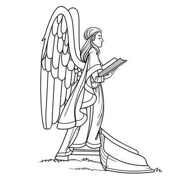 Line drawing of an angel statue with wings and a book on a white background