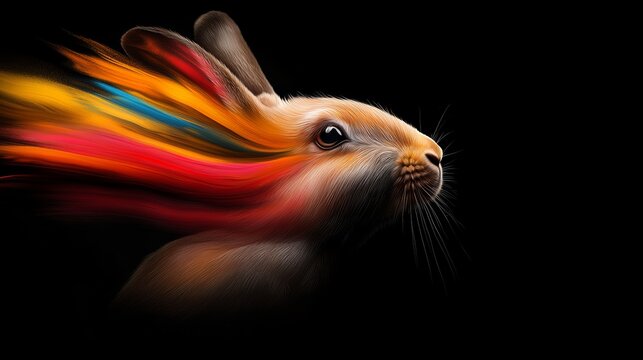 Speedy Hare's Colorful Dash: A surreal portrait of a hare, its fur transformed into vibrant streaks of color, appears to move at incredible speed against a dark, mysterious background.